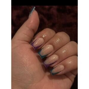Short square press on nails blue purple glitter handmade custom